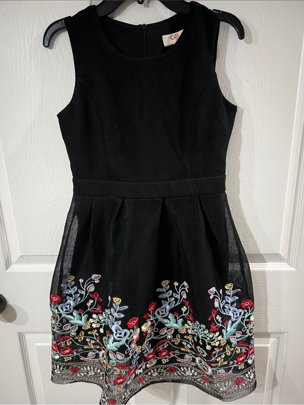 GB girls Black Sleeveless Dress with Multicolor Floral Embroidery